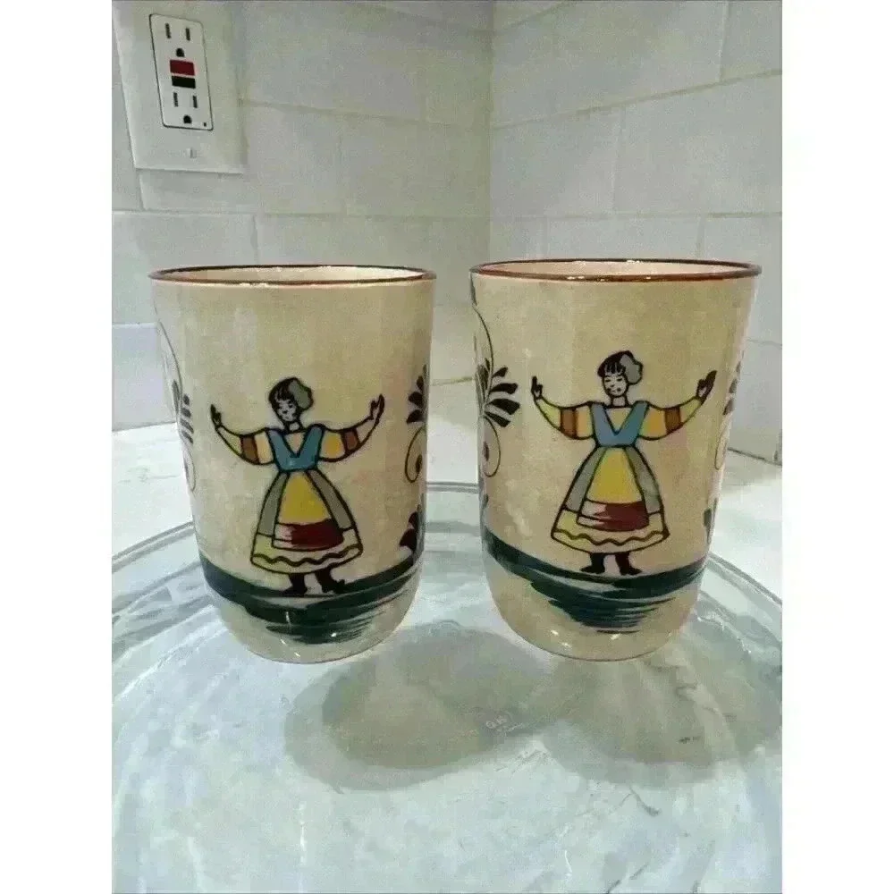 2 Vintage Nasco Quimper-Style Hand Painted Dancing Lady Ceramic Juice Cups - Picture 1 of 14